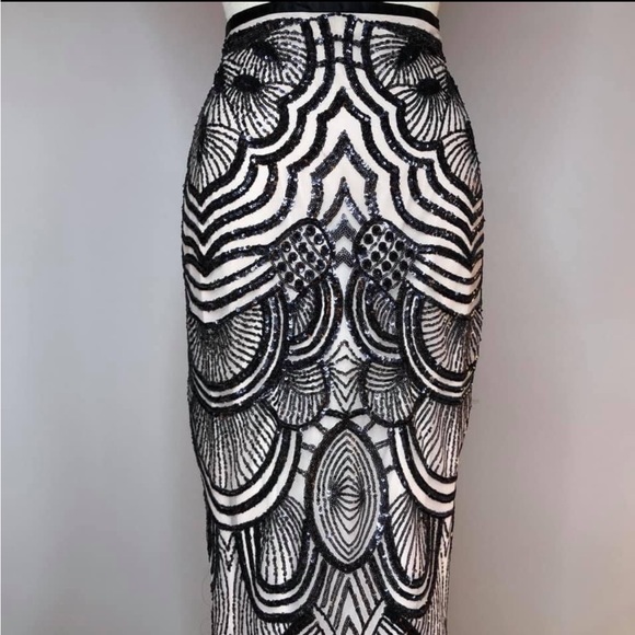 Art deco sequin black and beige mesh mermaid fit flare long skirt - Picture 8 of 11
